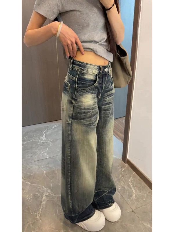 小個子美式水洗竹節紋彎刀牛仔褲女夏季設計感寬松顯瘦闊腿褲