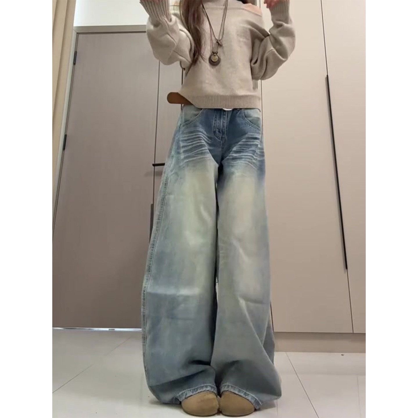 小個子美式復古口袋刺繡彎刀牛仔褲女低腰寬松顯瘦闊腿拖地褲