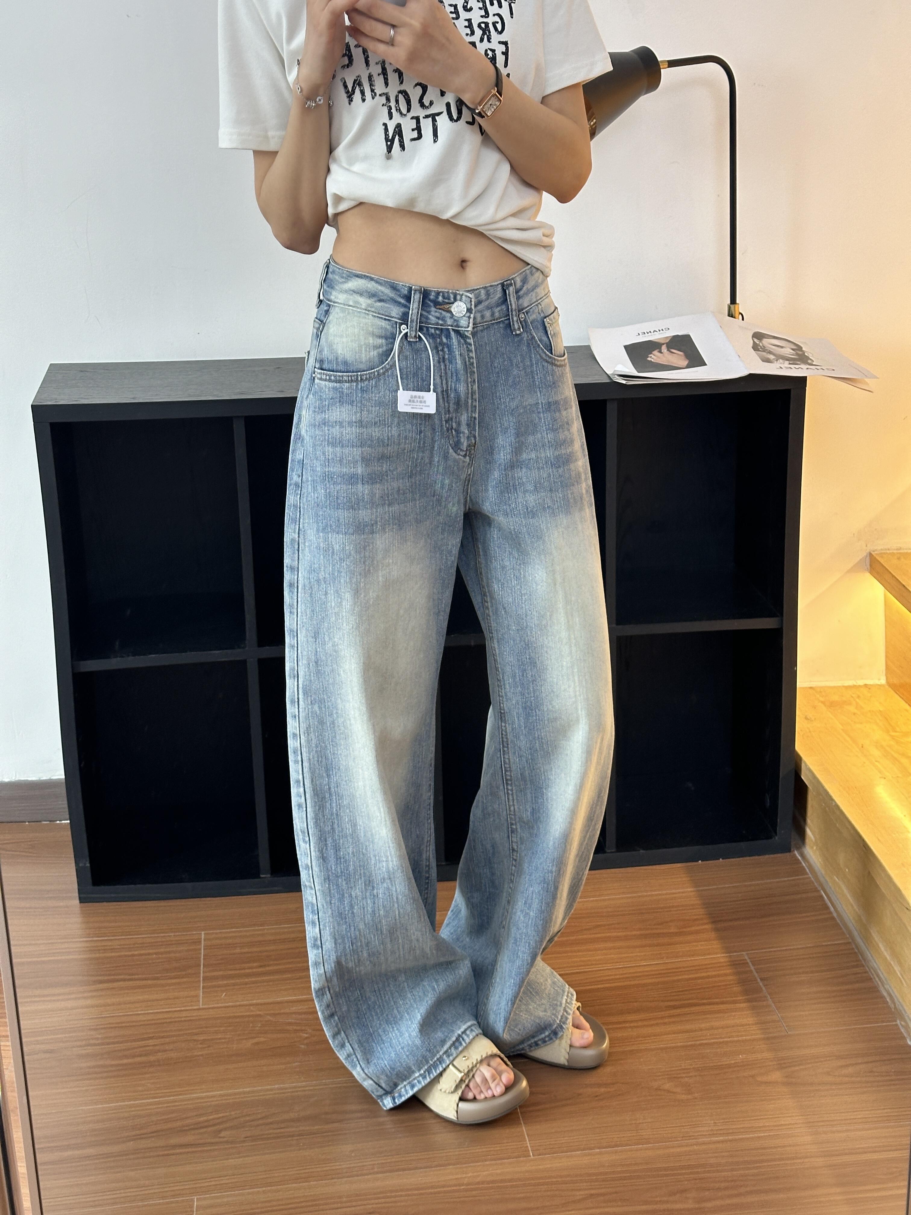 小個子復古竹節紋彎刀牛仔褲女夏季高腰寬松直筒闊腿長褲