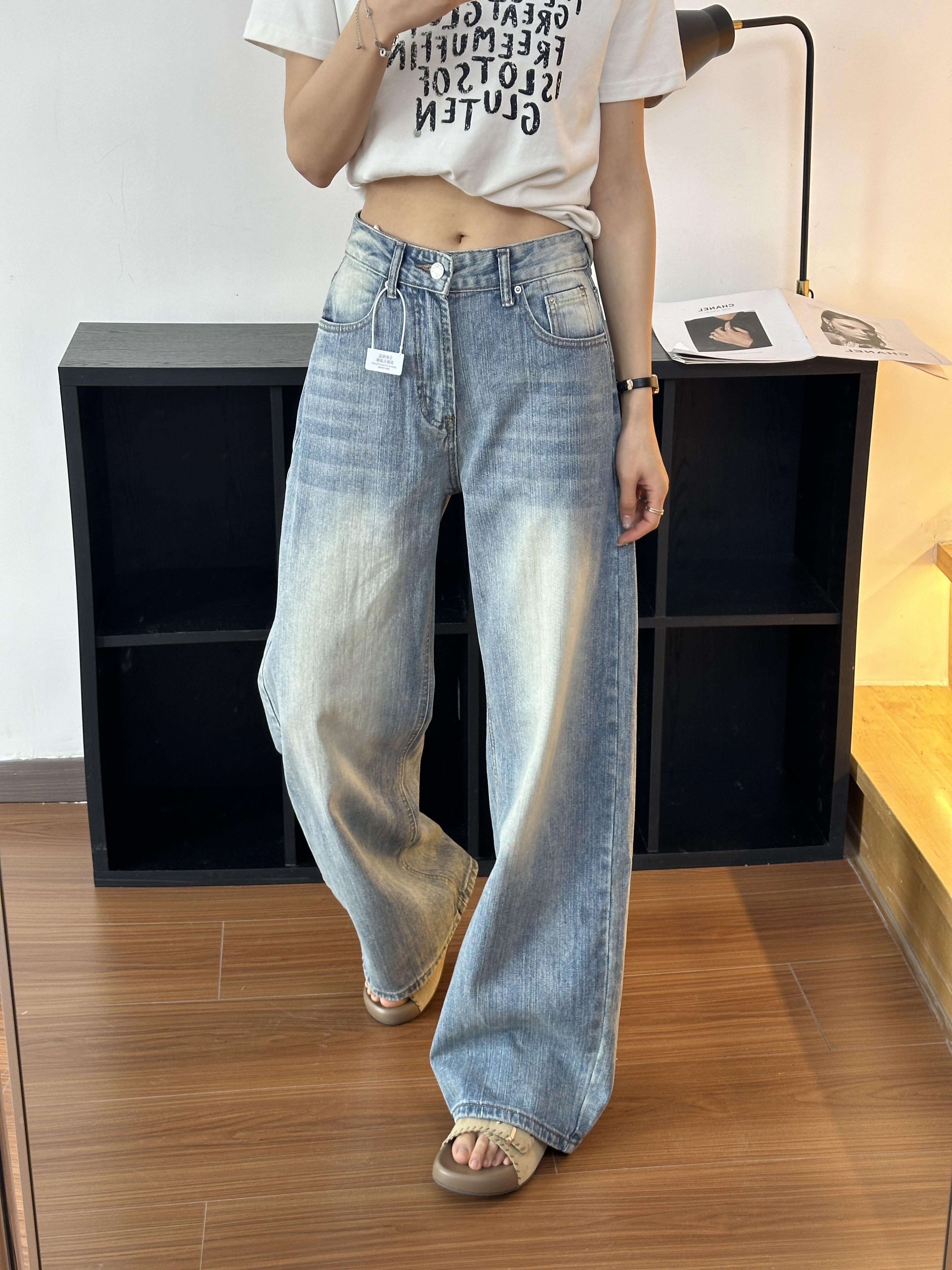 小個子復古竹節紋彎刀牛仔褲女夏季高腰寬松直筒闊腿長褲
