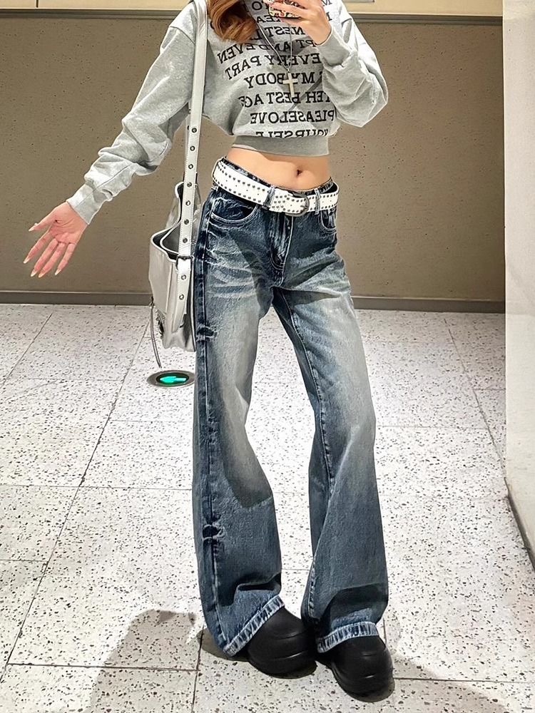 小個子美式復古水洗闊腿微喇牛仔褲女高腰寬松顯瘦直筒喇叭褲