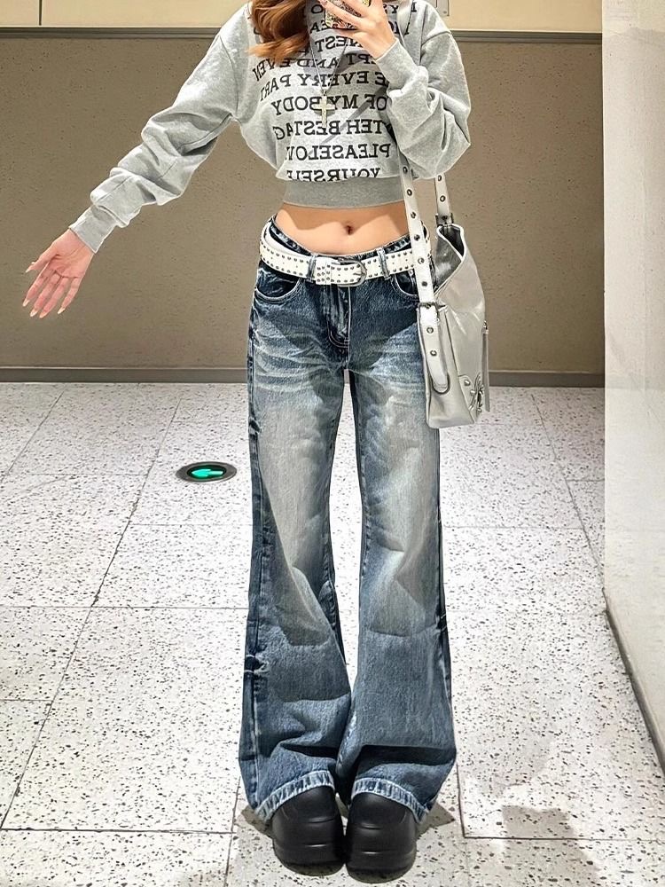 小個子美式復古水洗闊腿微喇牛仔褲女高腰寬松顯瘦直筒喇叭褲