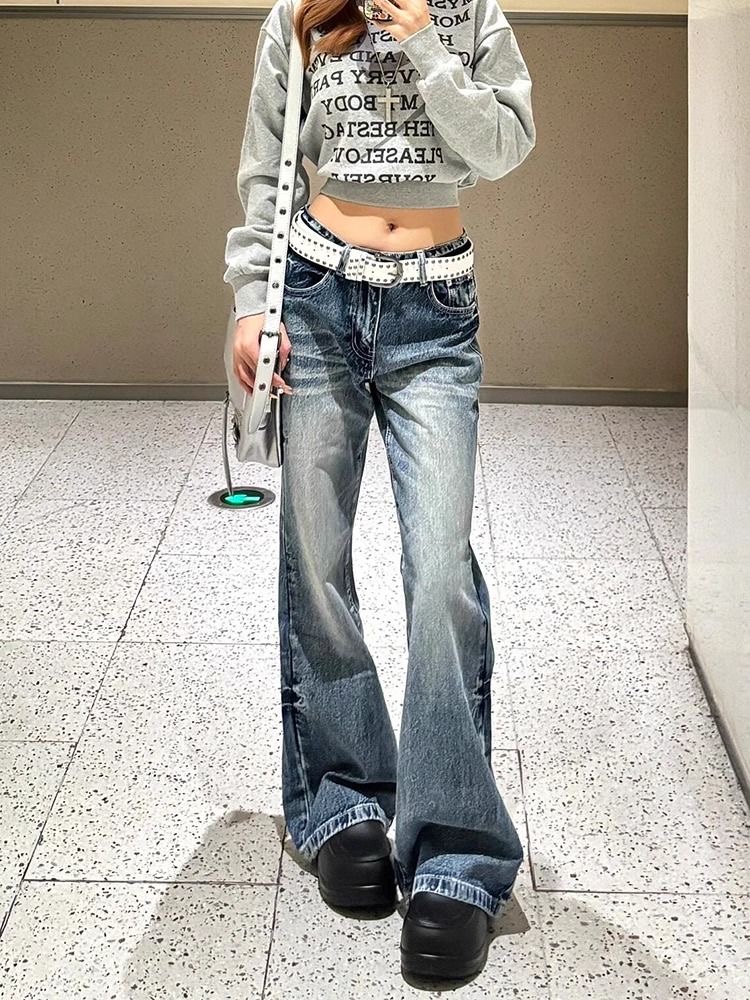 小個子美式復古水洗闊腿微喇牛仔褲女高腰寬松顯瘦直筒喇叭褲