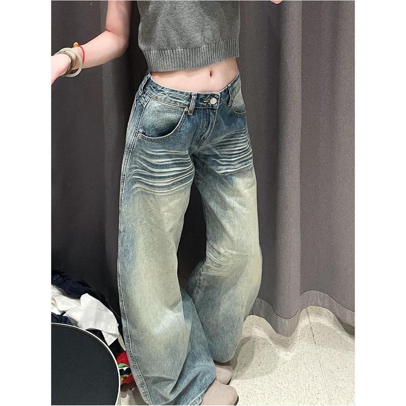 小個子復古刺繡彎刀闊腿牛仔褲女低腰寬松直筒顯瘦拖地長褲