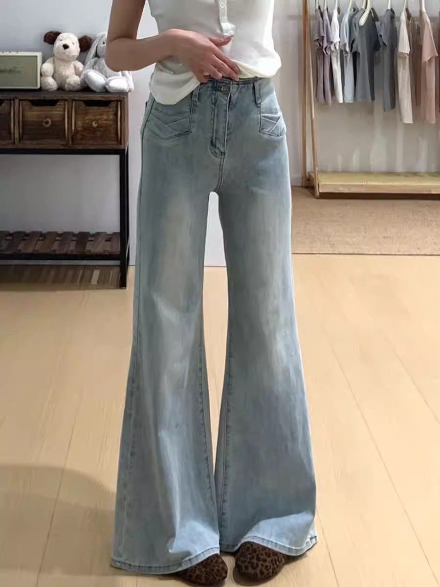 小個子淺藍色復古水洗不貼腿微喇牛仔褲女高腰彈力喇叭拖地褲