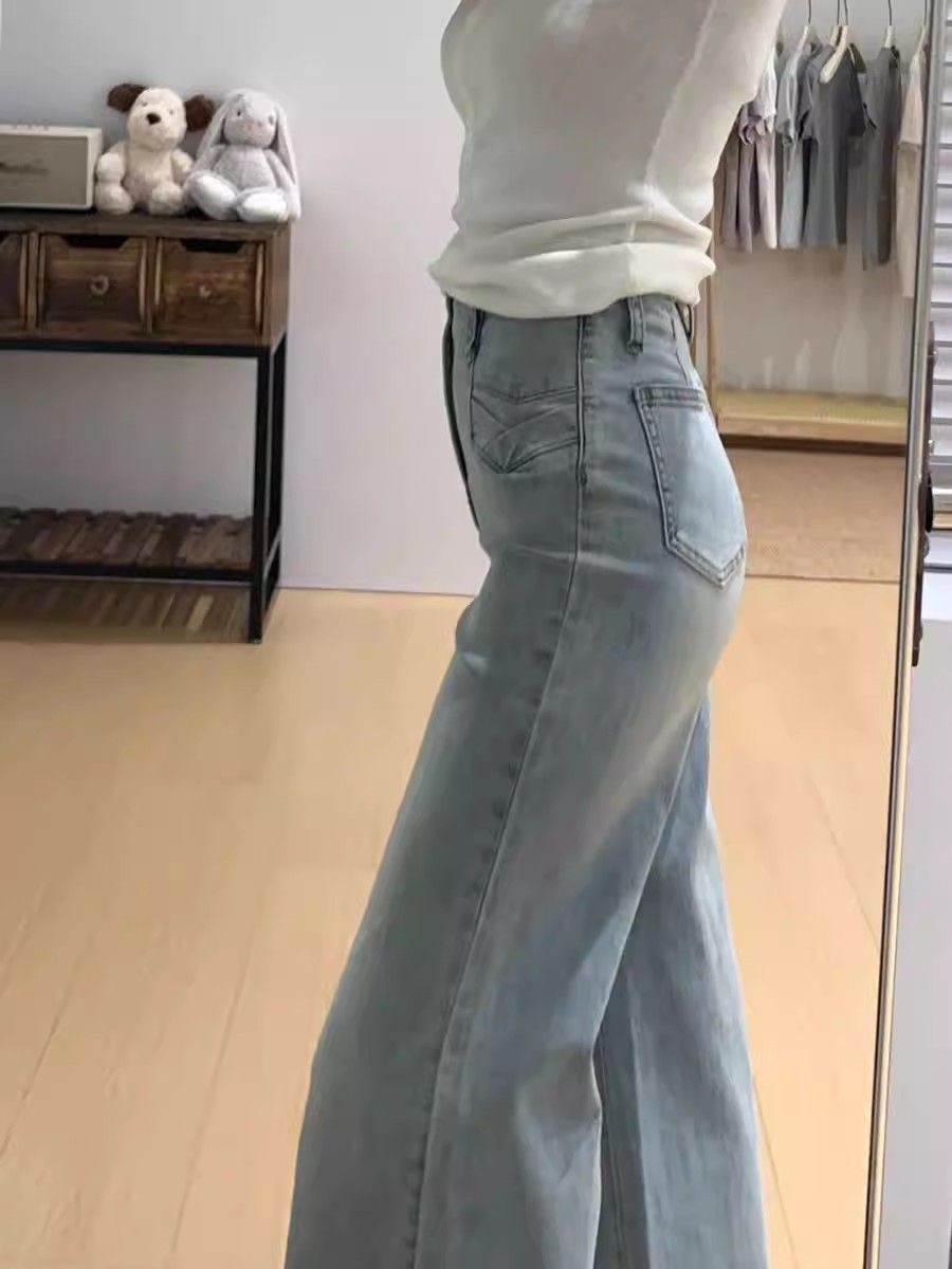 小個子淺藍色復古水洗不貼腿微喇牛仔褲女高腰彈力喇叭拖地褲