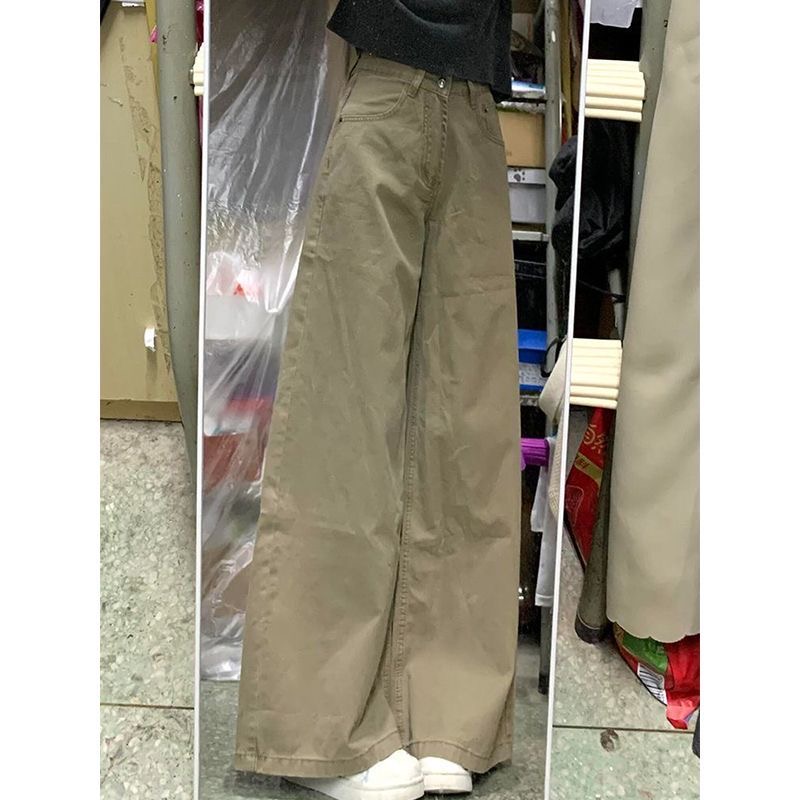 小個子卡其色美式寬松水洗闊腿牛仔褲女高腰顯瘦直筒拖地長褲