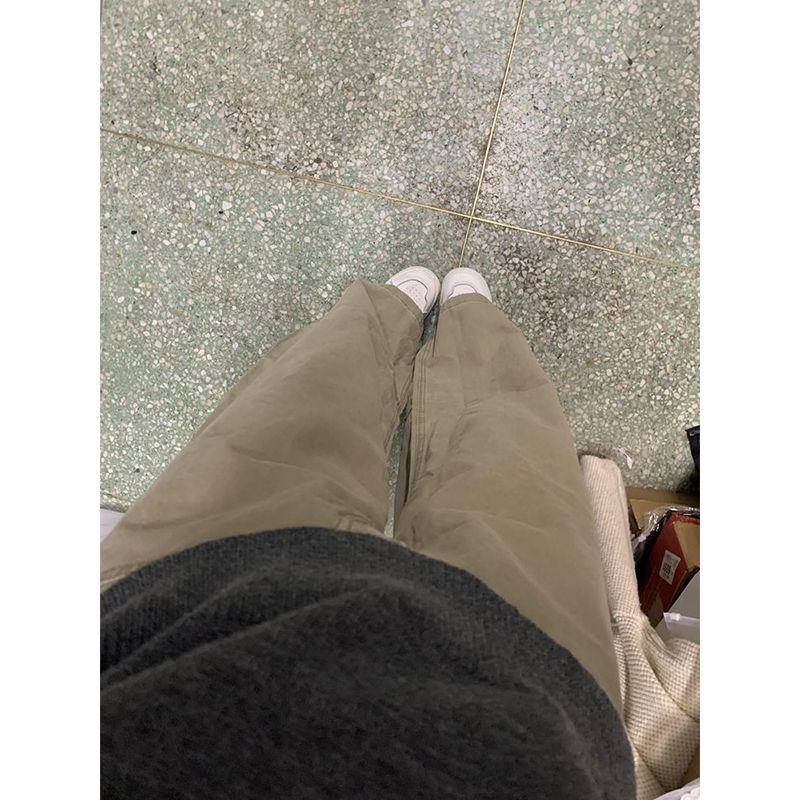 小個子卡其色美式寬松水洗闊腿牛仔褲女高腰顯瘦直筒拖地長褲