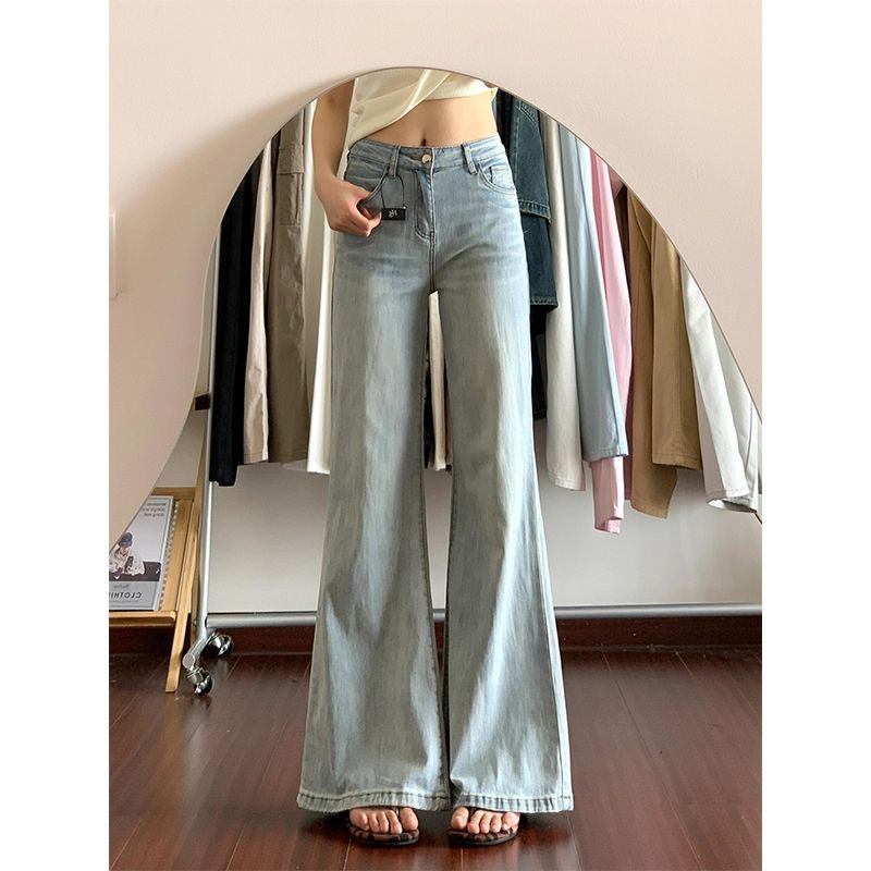 小個子淺藍色牛仔褲女夏季高腰水洗微喇褲百搭拖地褲闊腿長褲