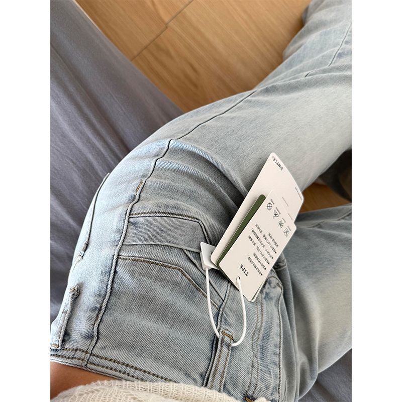 小個子淺藍色復古水洗不貼腿微喇牛仔褲女高腰彈力喇叭拖地褲