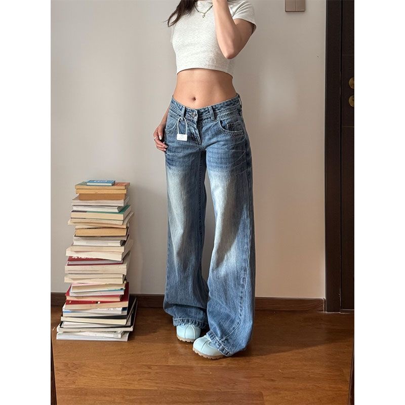小個子美式復古闊腿微喇牛仔褲女夏季低腰寬松顯瘦直筒拖地褲