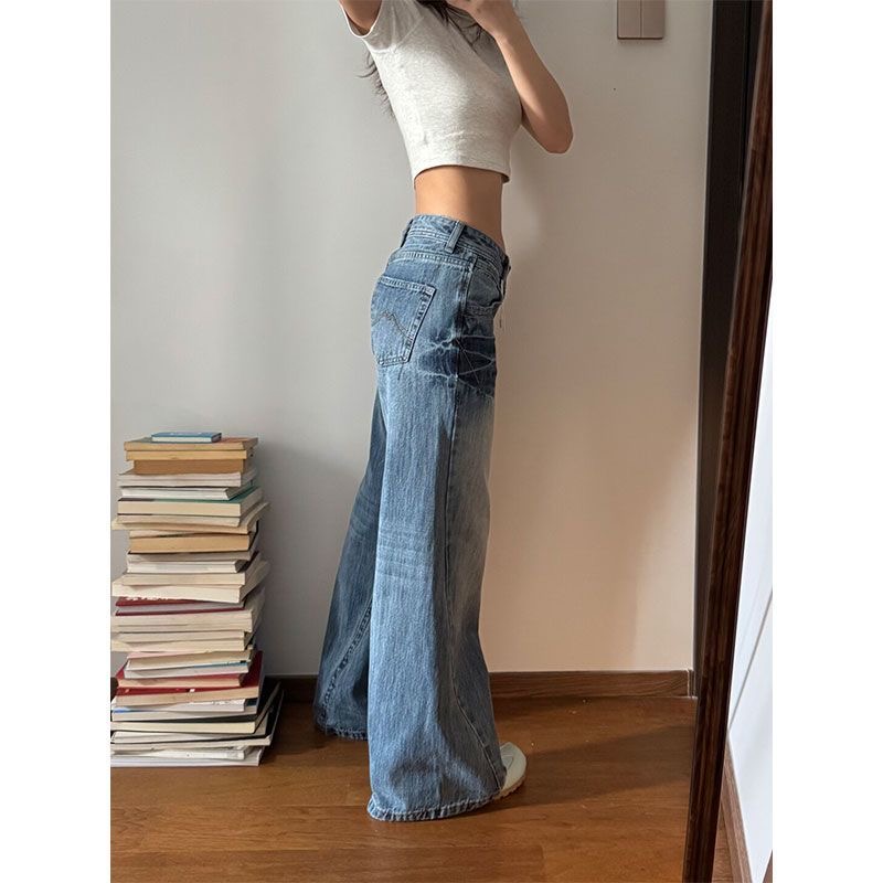 小個子美式復古闊腿微喇牛仔褲女夏季低腰寬松顯瘦直筒拖地褲