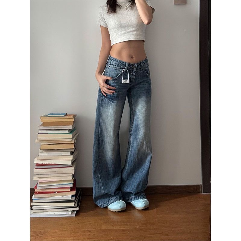 小個子美式復古闊腿微喇牛仔褲女夏季低腰寬松顯瘦直筒拖地褲