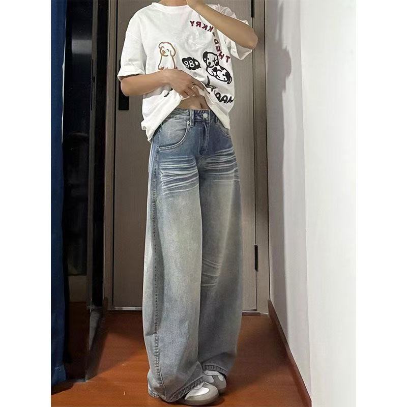 小個子復古刺繡彎刀闊腿牛仔褲女低腰寬松直筒顯瘦拖地長褲