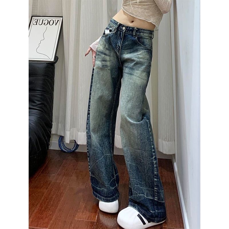 小個子美式復古水洗做舊彎刀牛仔褲女高腰寬松顯瘦直筒闊腿褲