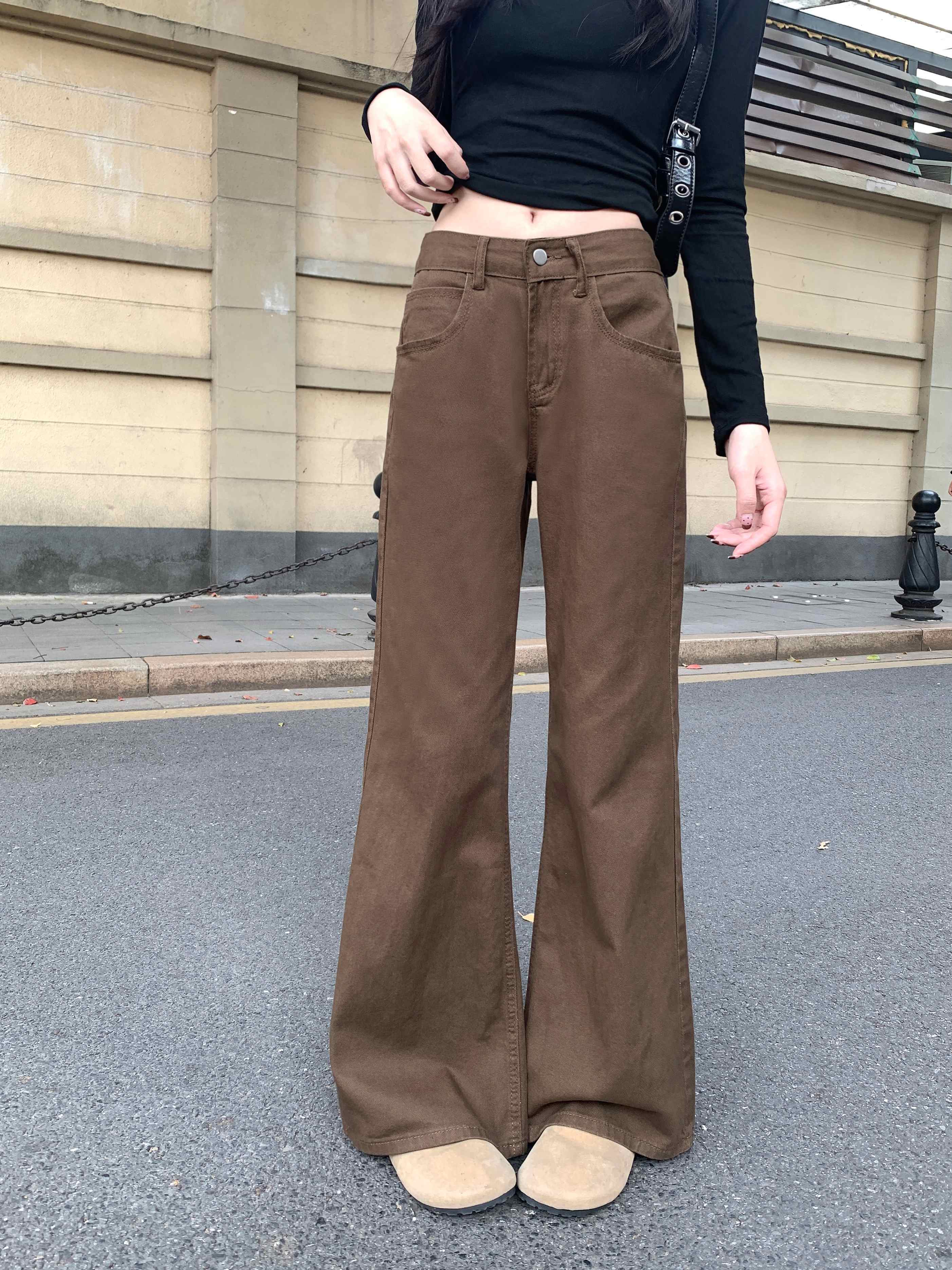 實拍~小個子美式復古咖色微喇牛仔褲女低腰不貼腿寬松顯瘦喇叭褲