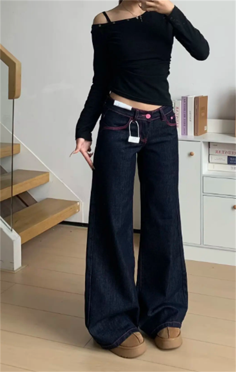 小個子美式辣妹撞色低腰闊腿牛仔褲女直筒寬松顯瘦垂感拖地褲子