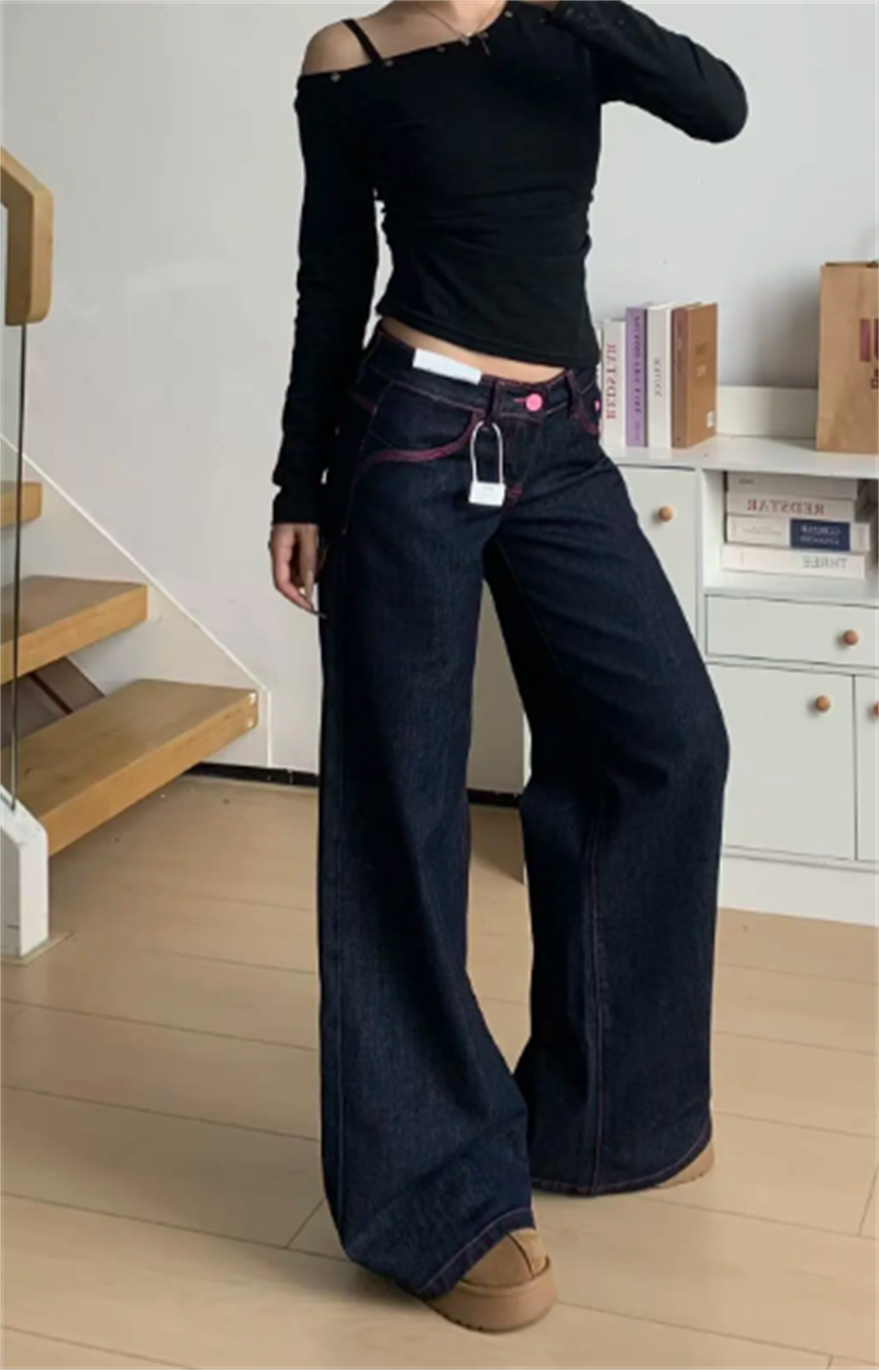 小個子美式辣妹撞色低腰闊腿牛仔褲女直筒寬松顯瘦垂感拖地褲子