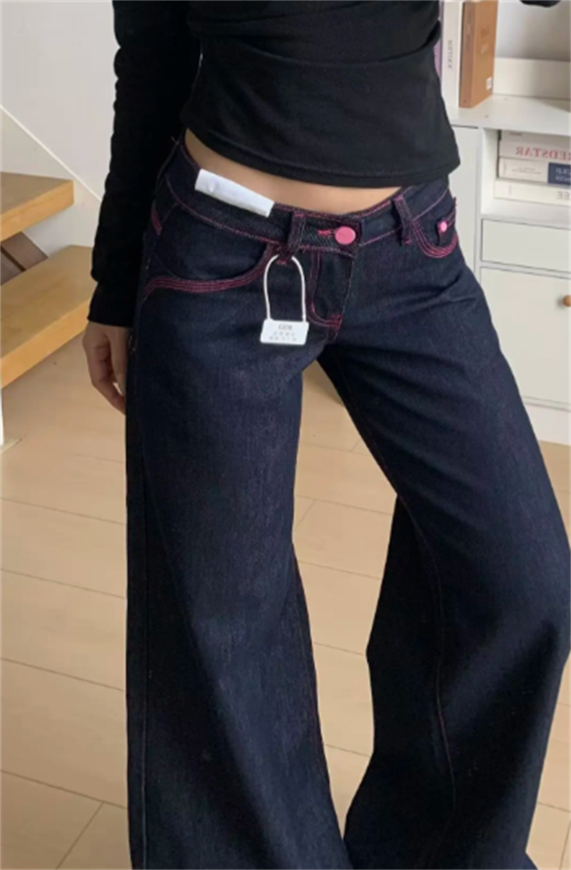 小個子美式辣妹撞色低腰闊腿牛仔褲女直筒寬松顯瘦垂感拖地褲子