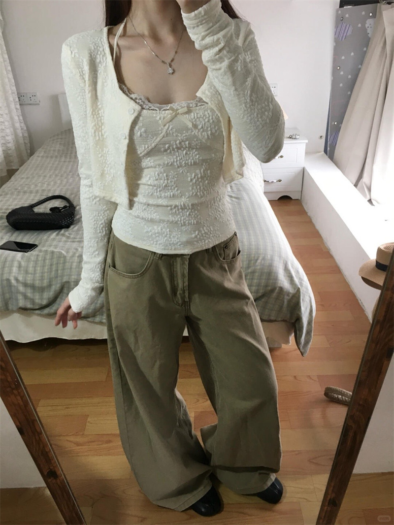 小個子美式辣妹卡其色牛仔褲女新款百搭闊腿高腰垂感拖地長褲