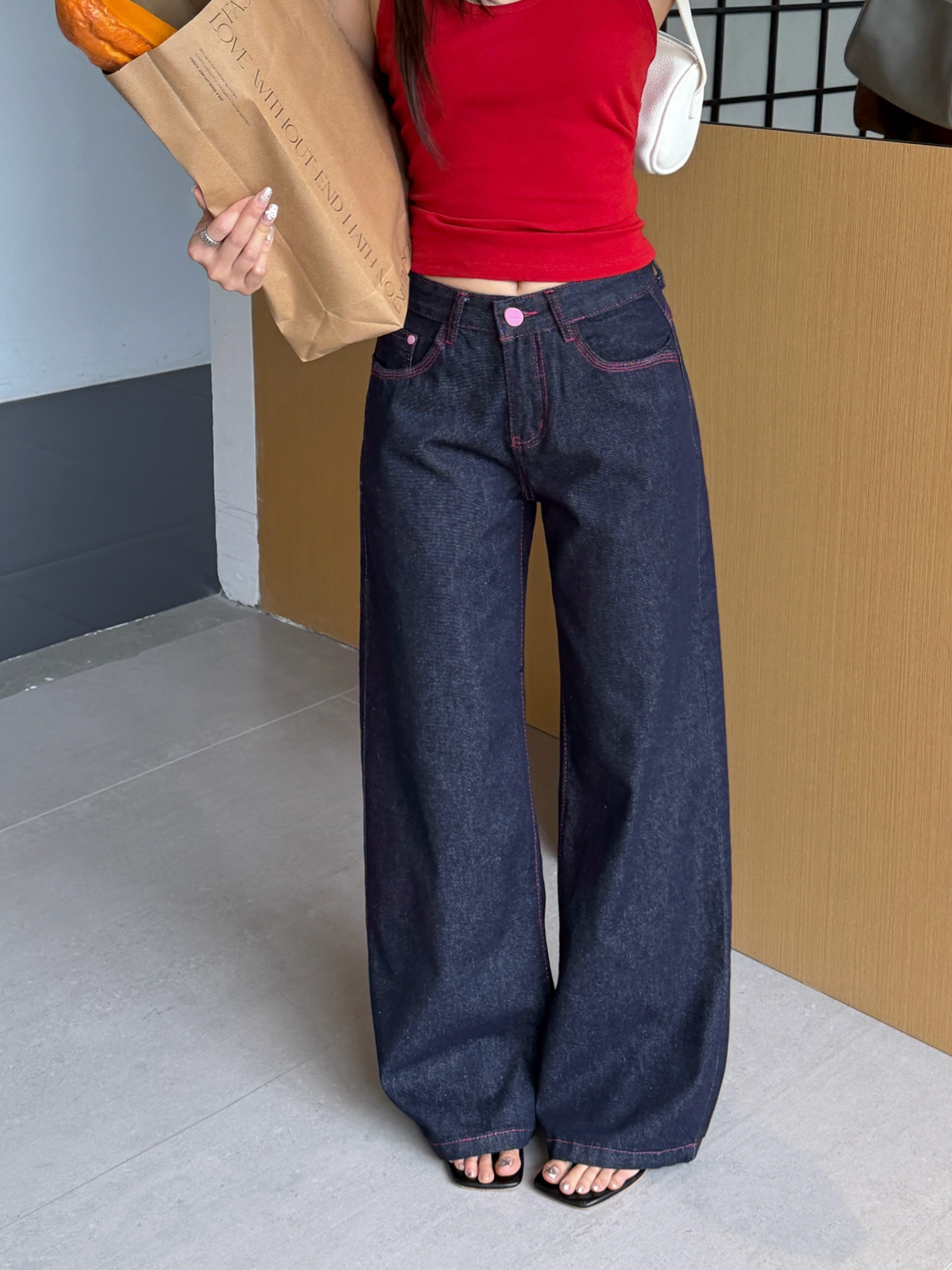 實拍~小個子美式辣妹撞色低腰闊腿牛仔褲女寬松顯瘦垂感拖地褲子