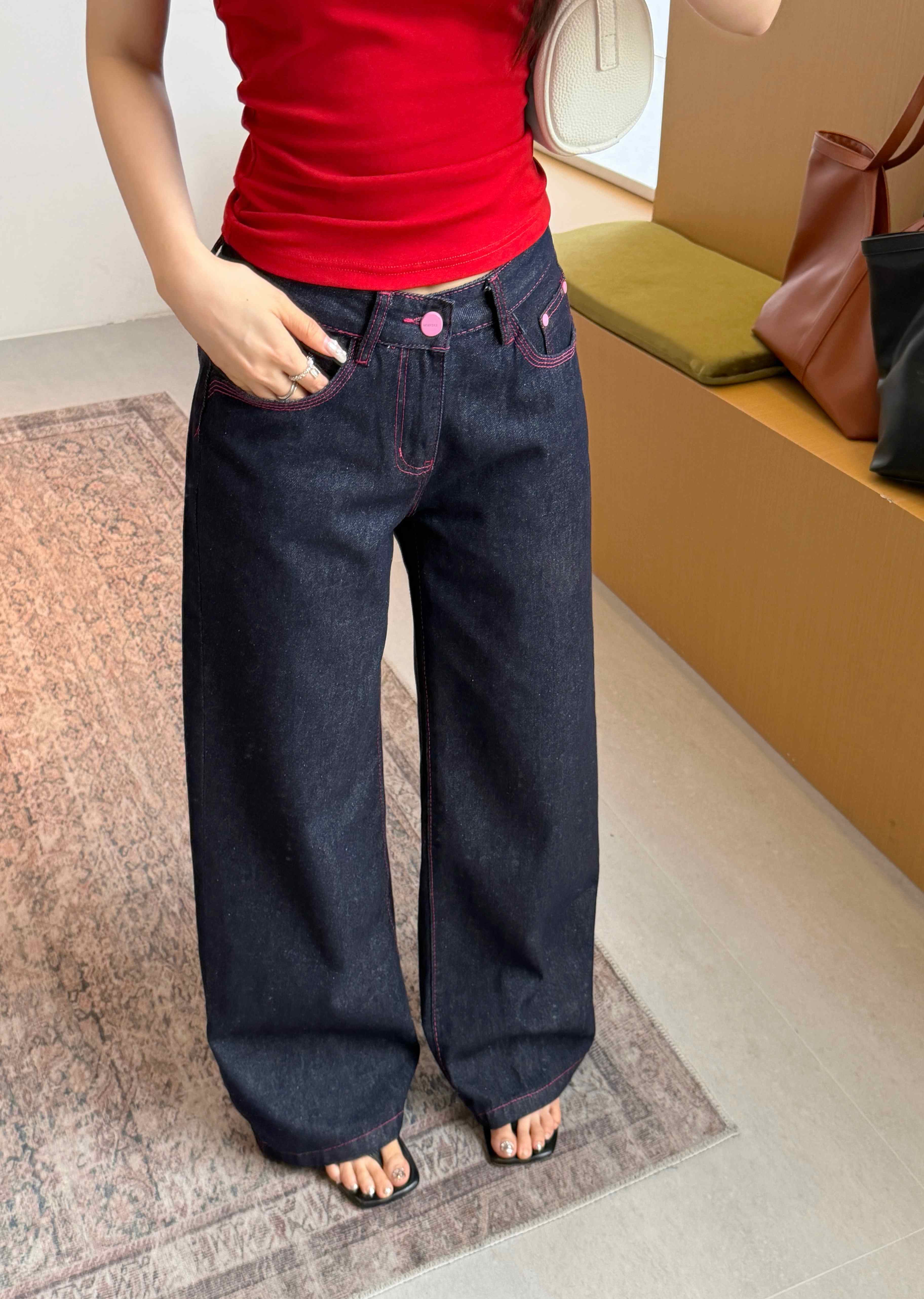 實拍~小個子美式辣妹撞色低腰闊腿牛仔褲女寬松顯瘦垂感拖地褲子