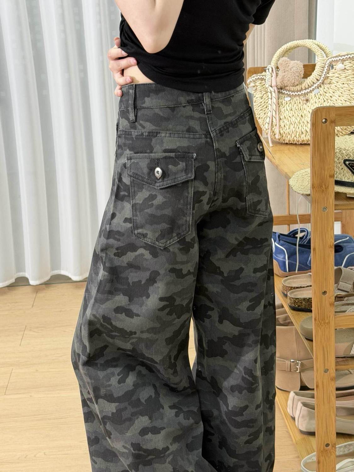 小個子美式工裝闊腿迷彩牛仔褲女新款高腰寬松顯瘦直筒拖地褲