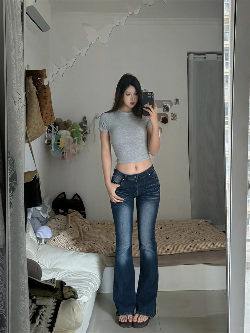 小個子微喇叭牛仔褲女新款梨形辣妹低腰修身顯瘦彈力馬蹄褲