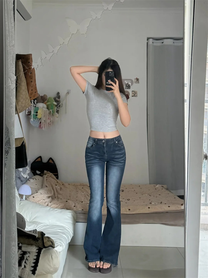 小個子微喇叭牛仔褲女新款梨形辣妹低腰修身顯瘦彈力馬蹄褲
