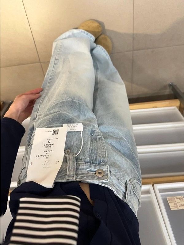 小個子美式復古淺色做舊闊腿牛仔褲女低腰寬松顯瘦直筒拖地褲