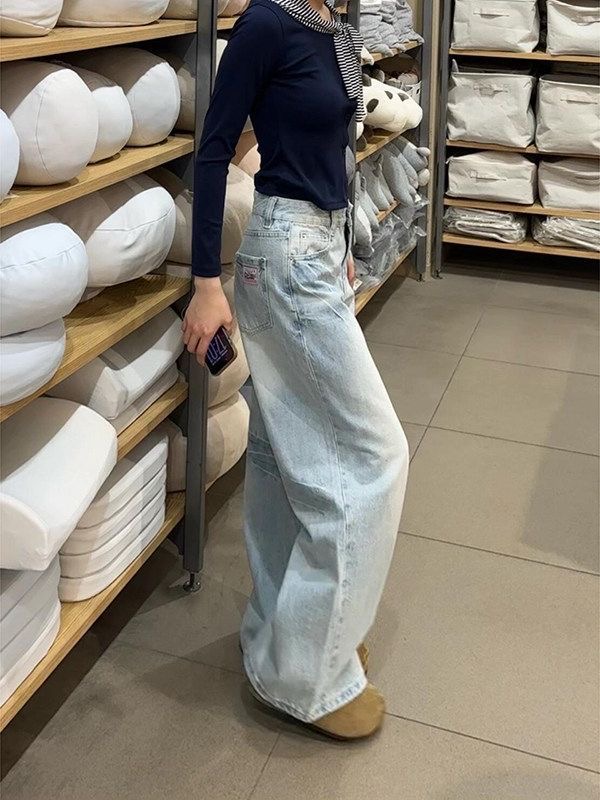 小個子美式復古淺色做舊闊腿牛仔褲女低腰寬松顯瘦直筒拖地褲