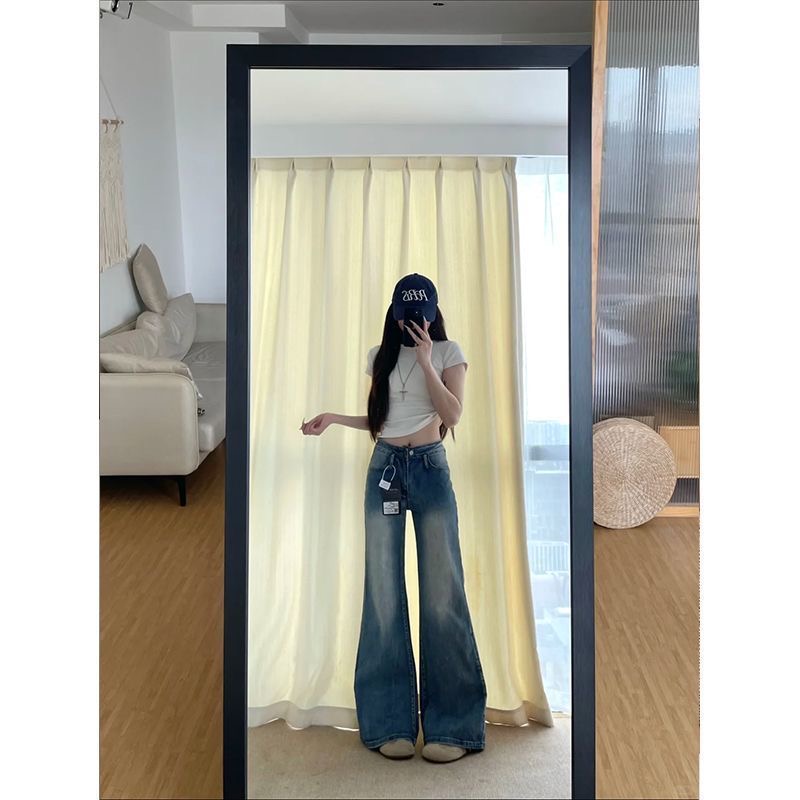 小個子美式復古微喇牛仔褲女新款低腰修身顯瘦馬蹄拖地長褲