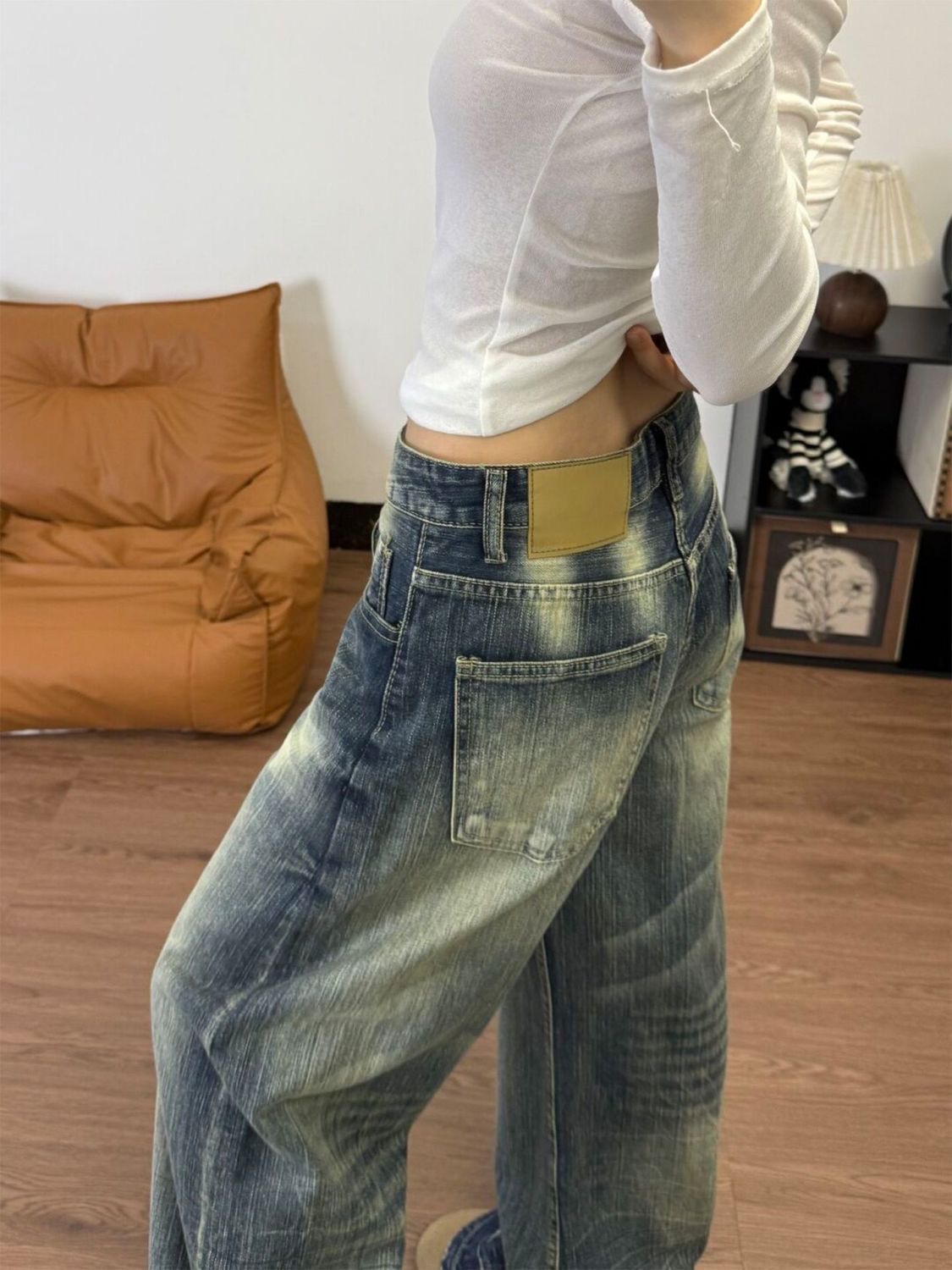 小個子美式水洗竹節紋彎刀牛仔褲女夏季設計感寬松顯瘦闊腿褲