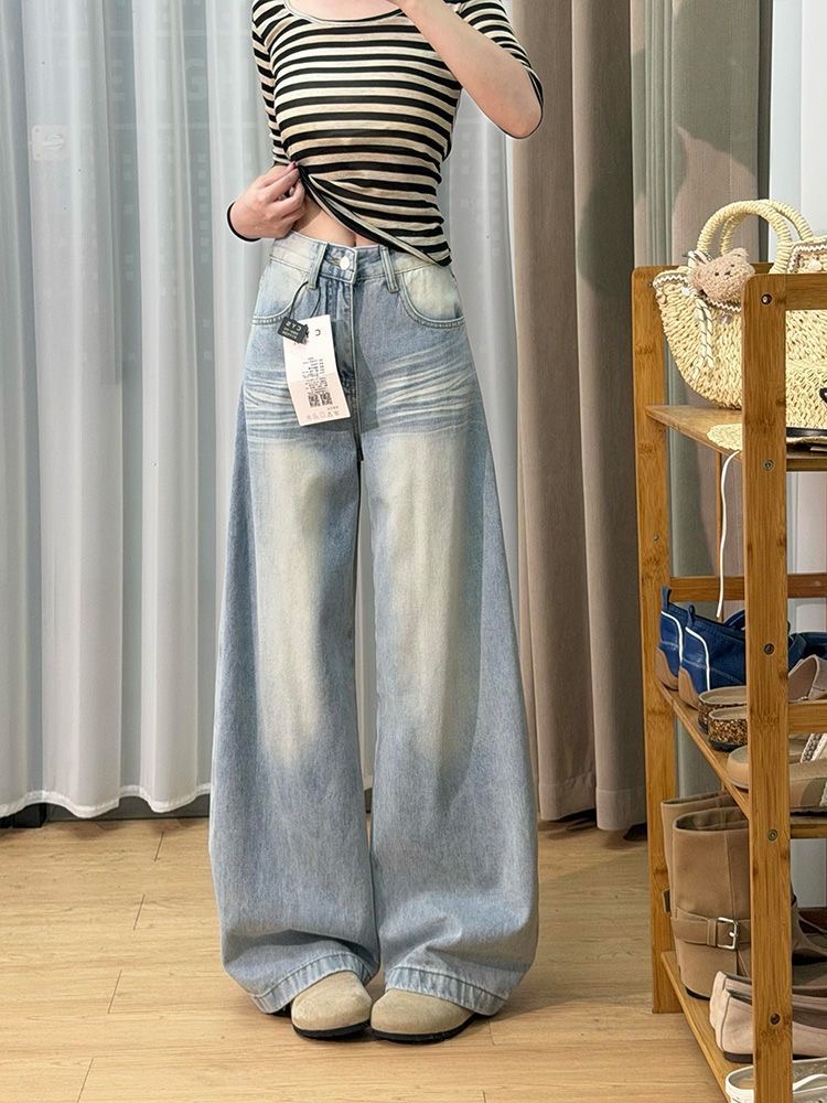 小個子美式復古口袋刺繡彎刀牛仔褲女新款高腰寬松顯瘦闊腿褲