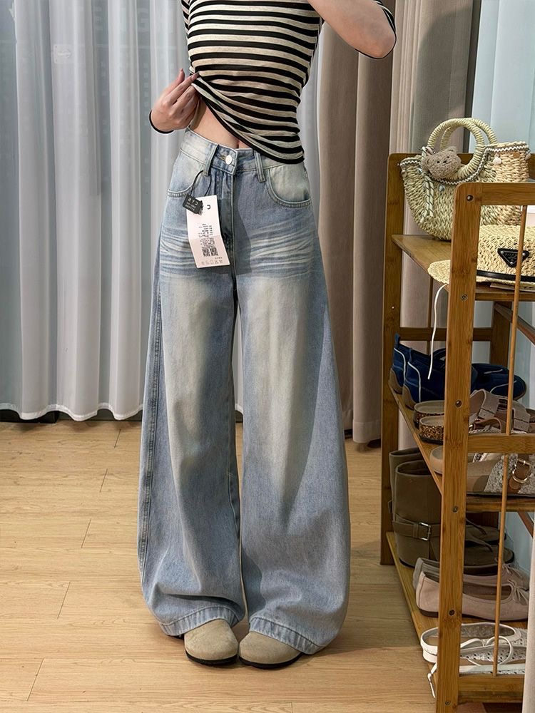 小個子美式復古口袋刺繡彎刀牛仔褲女新款高腰寬松顯瘦闊腿褲