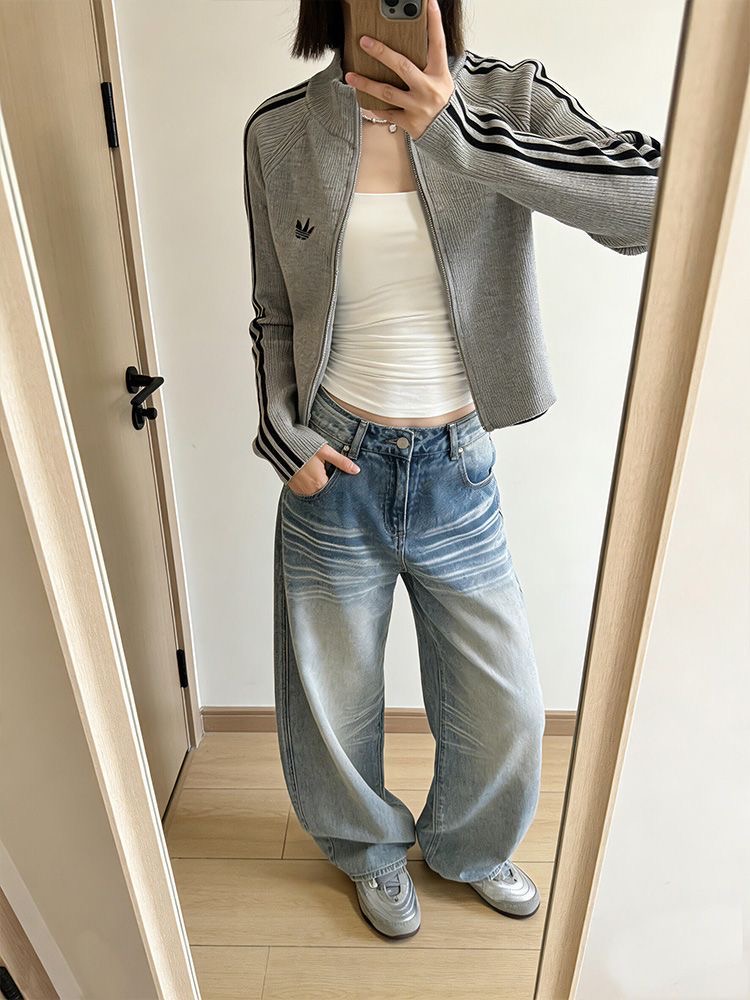 小個子復古刺繡彎刀闊腿牛仔褲女低腰寬松直筒顯瘦拖地長褲