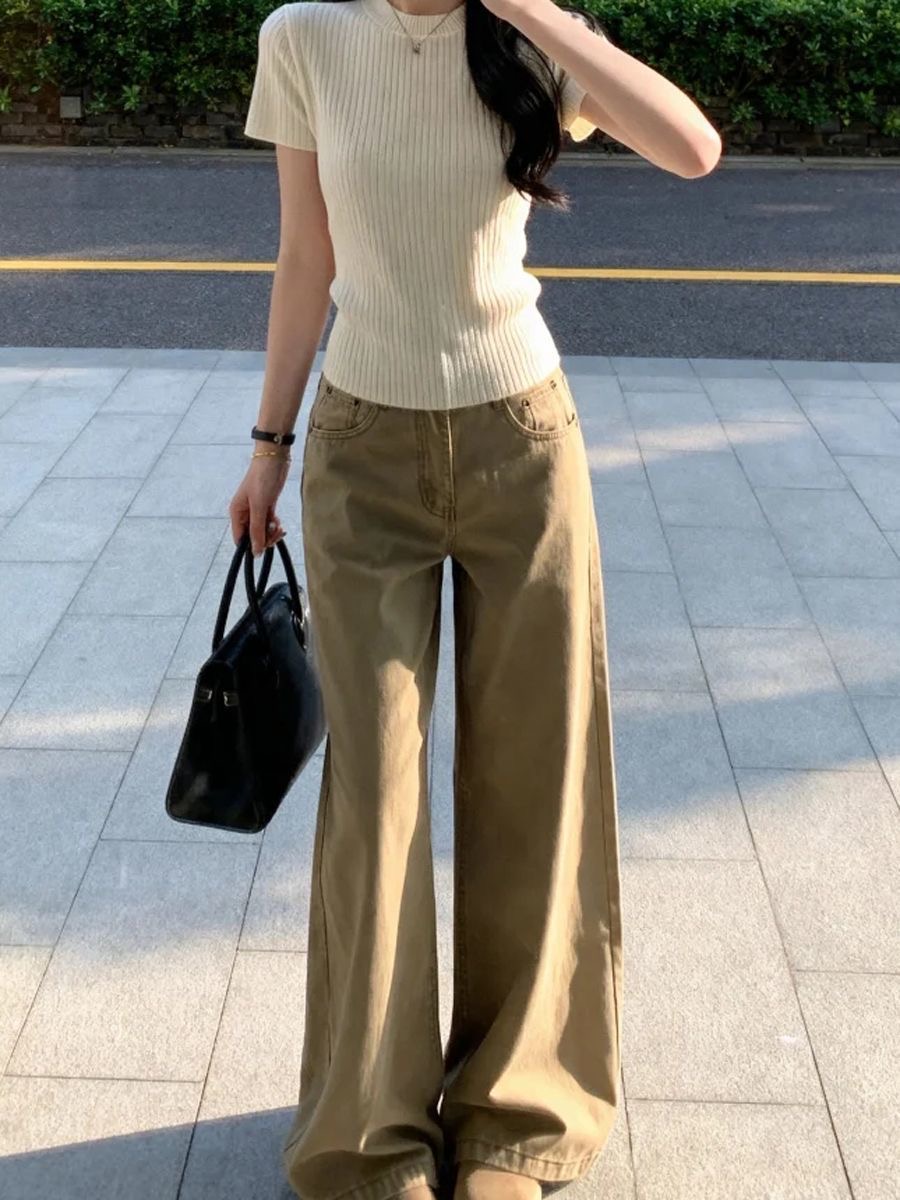 小個子美式復古卡其色直筒休閑闊腿牛仔褲女新款高腰寬松拖地長褲