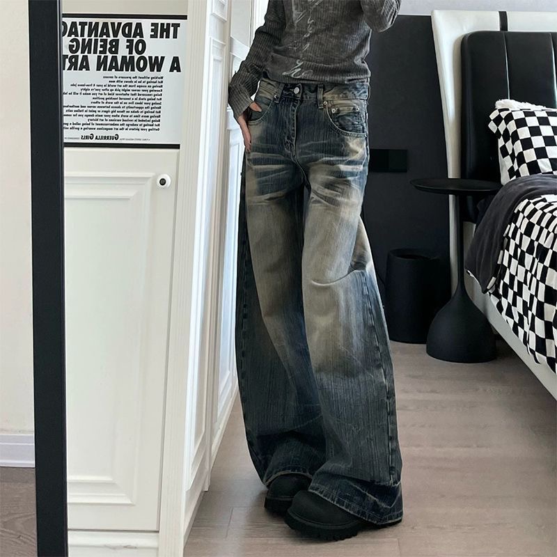 小個子美式水洗竹節紋彎刀牛仔褲女夏季設計感寬松顯瘦闊腿褲