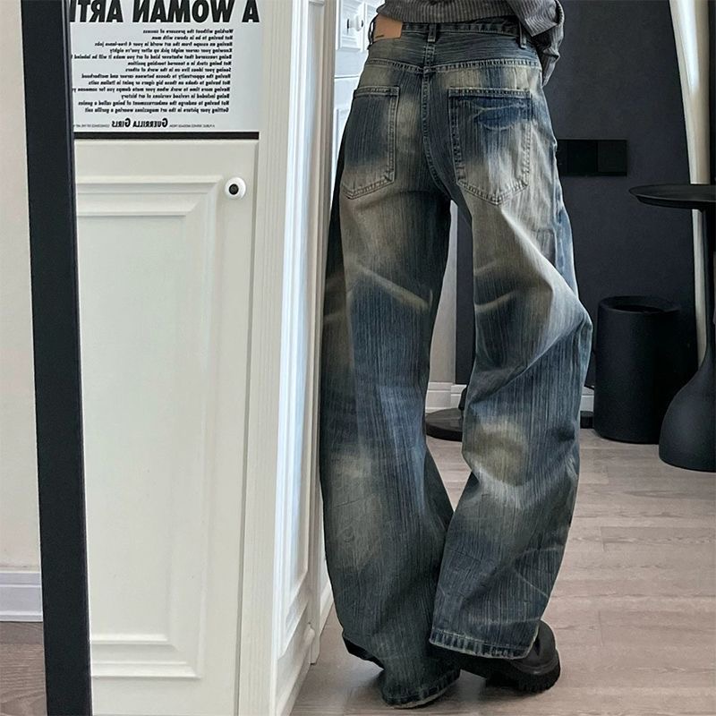 小個子美式水洗竹節紋彎刀牛仔褲女夏季設計感寬松顯瘦闊腿褲