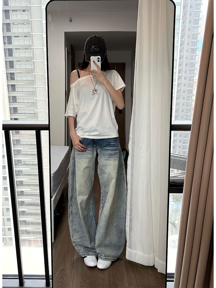 小個子復古刺繡彎刀闊腿牛仔褲女低腰寬松直筒顯瘦拖地長褲