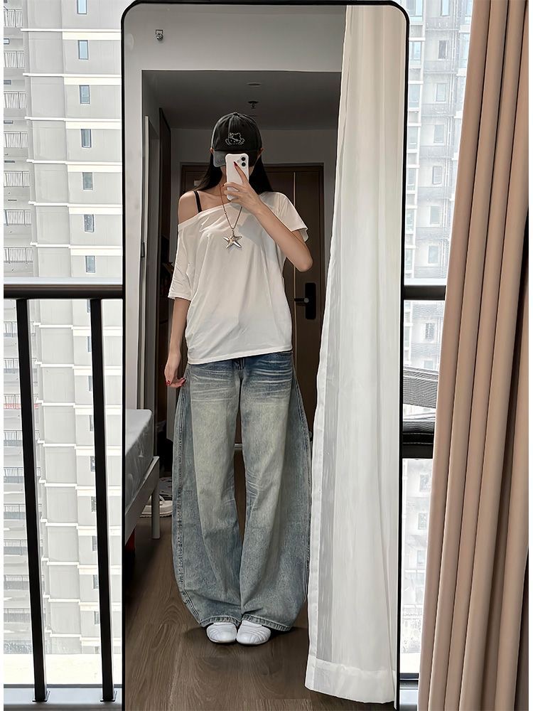 小個子復古刺繡彎刀闊腿牛仔褲女低腰寬松直筒顯瘦拖地長褲