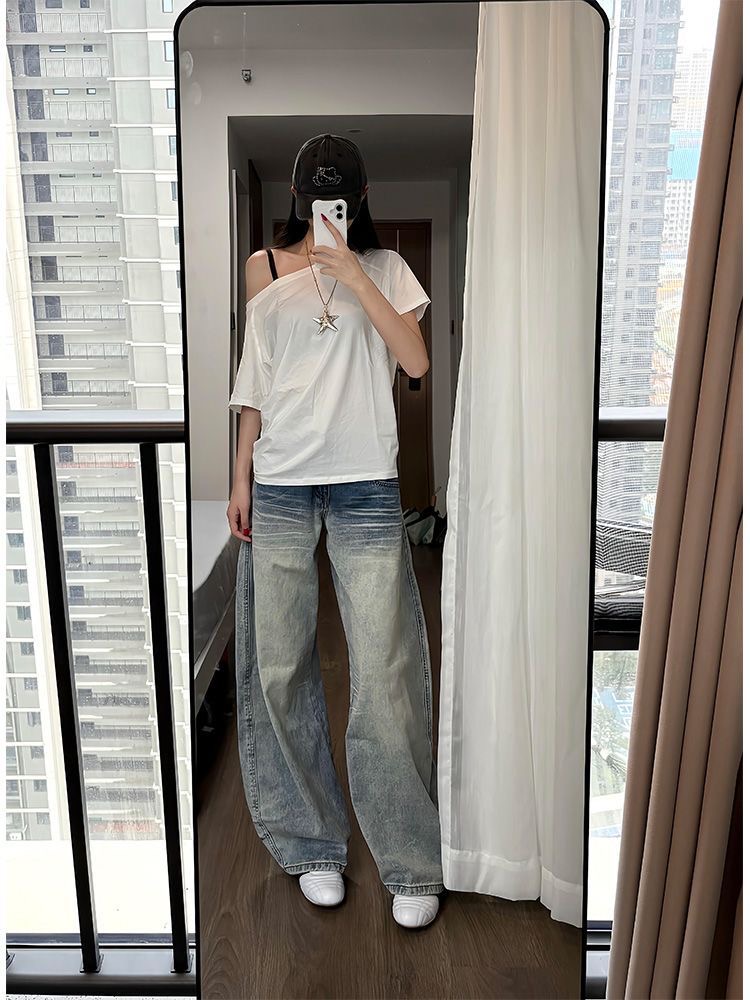 小個子復古刺繡彎刀闊腿牛仔褲女低腰寬松直筒顯瘦拖地長褲