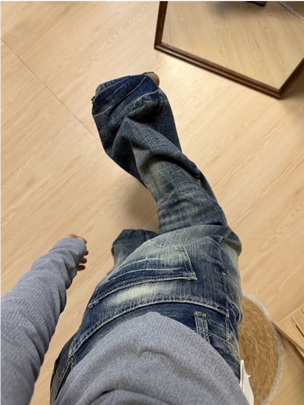 小個子美式高街復古水洗做舊牛仔褲女高腰寬松顯瘦闊腿彎刀褲子