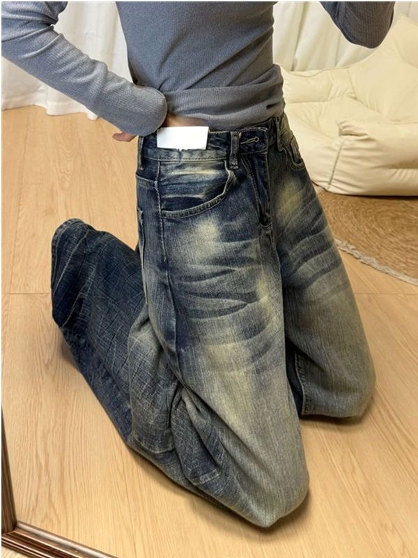小個子美式高街復古水洗做舊牛仔褲女高腰寬松顯瘦闊腿彎刀褲子