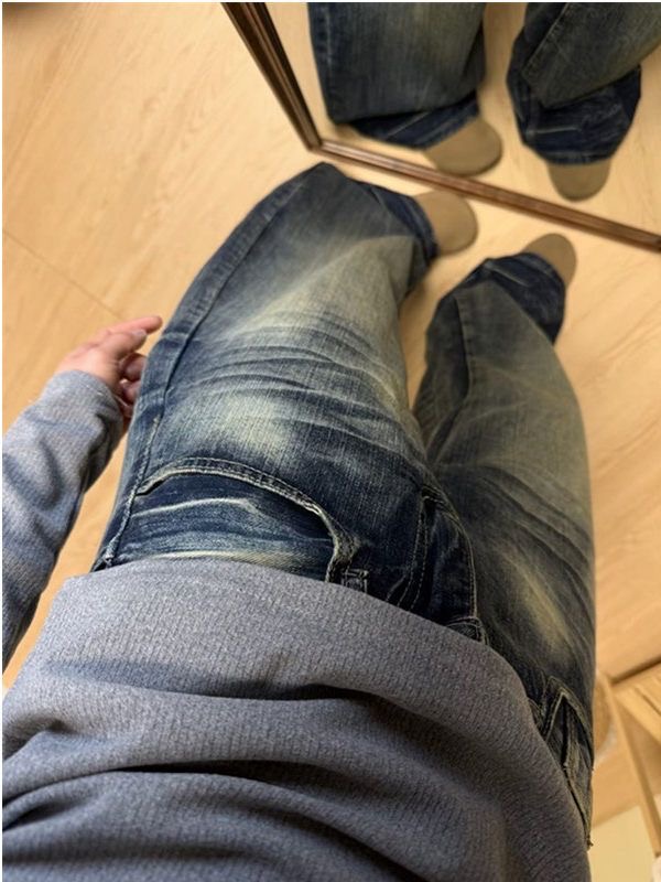 小個子美式高街復古水洗做舊牛仔褲女高腰寬松顯瘦闊腿彎刀褲子