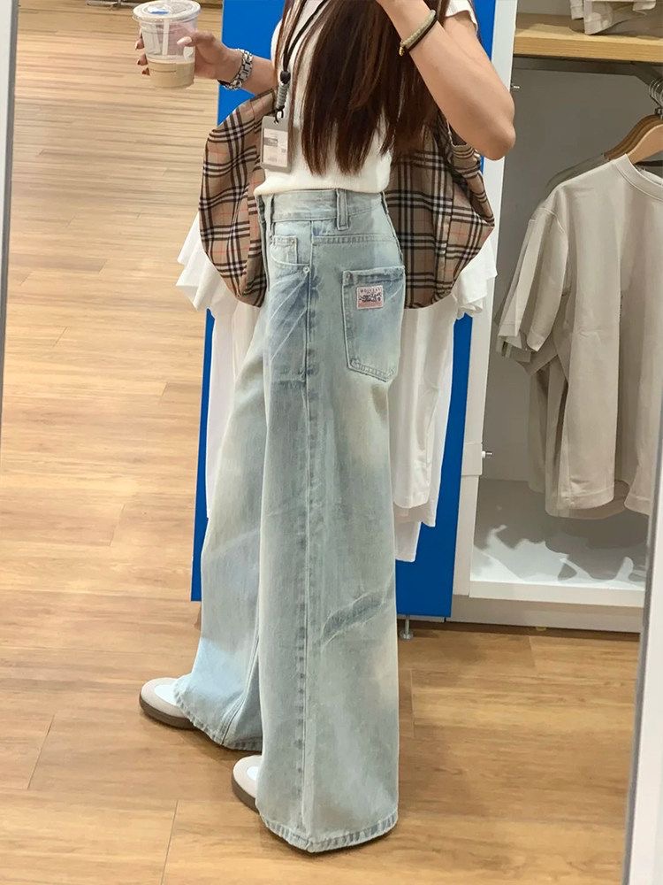 小個子美式復古淺色做舊闊腿牛仔褲女低腰寬松顯瘦直筒拖地褲