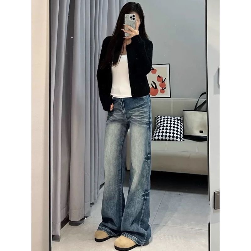 小個子美式復古水洗闊腿微喇牛仔褲女高腰寬松顯瘦直筒喇叭褲
