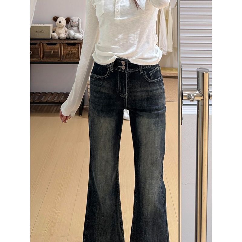 小個子美式復古辣妹高腰窄版微喇牛仔褲女直筒修身彈性喇叭褲