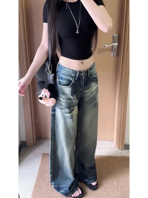 小個子美式復古水洗做舊彎刀闊腿牛仔褲女高腰寬松直筒拖地褲