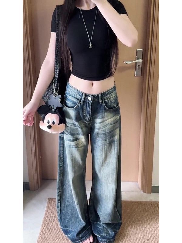 小個子美式復古水洗做舊彎刀闊腿牛仔褲女高腰寬松直筒拖地褲